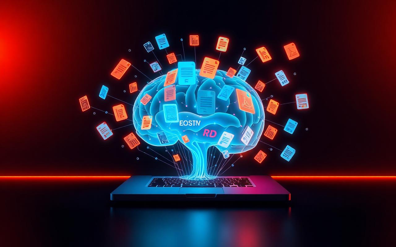 Illustration of Remio AI knowledge base connecting documents and web pages on a laptop
